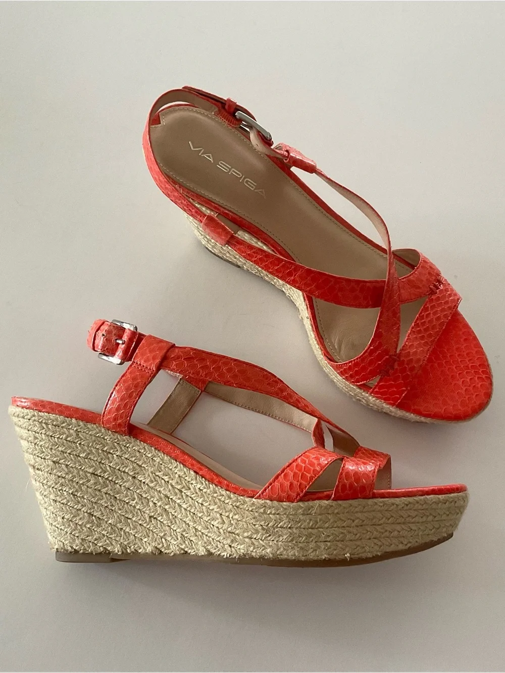 VIA SPIGA Wendi Crisscross Orange Snake Embossed Leather Wedge Sandal Size  8.5